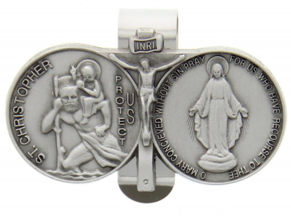 St. Christopher and Blessed Mary Visor Clip, Pewter - 2 5/8&quot;W - Silver