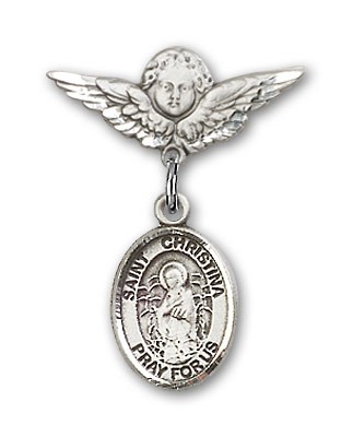 Pin Badge with St. Christina the Astonishing Charm and Angel with Smaller Wings Badge Pin - Silver tone