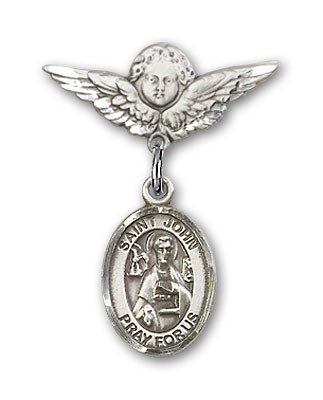 Pin Badge with St. John the Apostle Charm and Angel with Smaller Wings Badge Pin - Silver tone