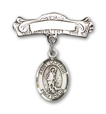 Pin Badge with St. Lazarus Charm and Arched Polished Engravable Badge Pin - Silver tone