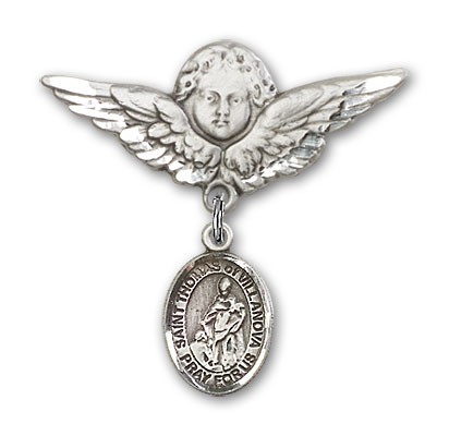 Pin Badge with St. Thomas of Villanova Charm and Angel with Larger Wings Badge Pin - Silver tone