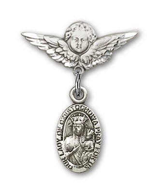 Pin Badge with Our Lady of Czestochowa Charm and Angel with Smaller Wings Badge Pin - Silver tone
