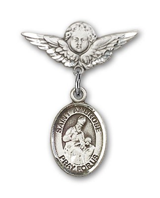 Pin Badge with St. Ambrose Charm and Angel with Smaller Wings Badge Pin - Silver tone