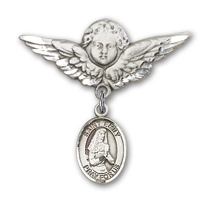 Pin Badge with St. Emily de Vialar Charm and Angel with Larger Wings Badge Pin - Silver tone