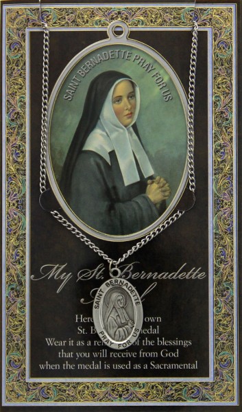 St. Bernadette Medal in Pewter with Bi-Fold Prayer Card - Silver tone