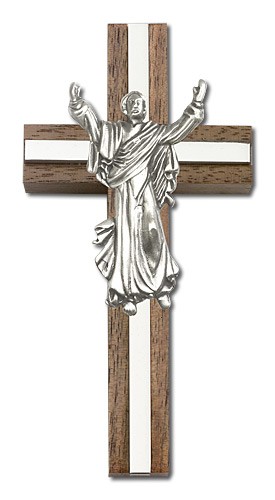 Risen Christ Wall Cross in Walnut and Metal Inlay 4&quot; - Silver tone