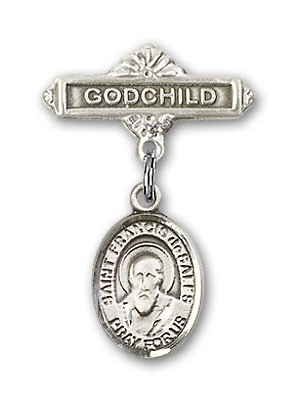 Pin Badge with St. Francis de Sales Charm and Godchild Badge Pin - Silver tone