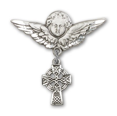 Pin Badge with Celtic Cross Charm and Angel with Larger Wings Badge Pin - Silver tone