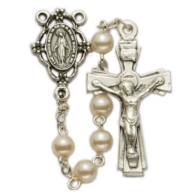 First Communion Pearl Rosary with Miraculous Centerpiece   - Pearl White