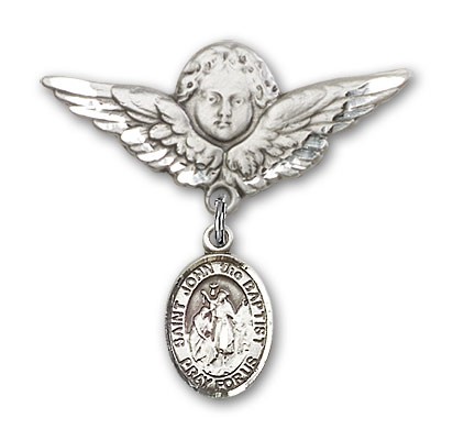 Pin Badge with St. John the Baptist Charm and Angel with Larger Wings Badge Pin - Silver tone