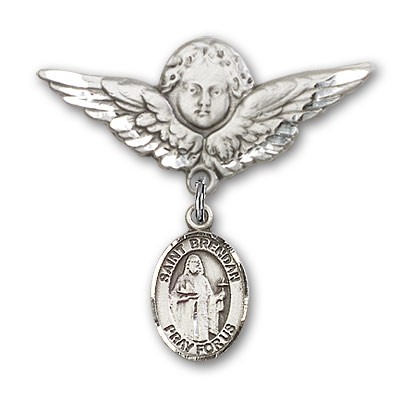 Pin Badge with St. Brendan the Navigator Charm and Angel with Larger Wings Badge Pin - Silver tone