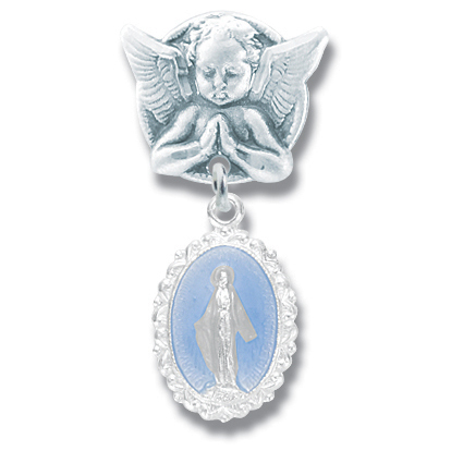 Baby Pin Guardian Angel and Blue Miraculous Medal Sterling Silver - Sterling Silver
