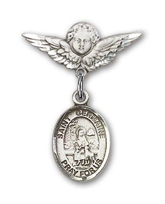 Pin Badge with St. Germaine Cousin Charm and Angel with Smaller Wings Badge Pin - Silver tone
