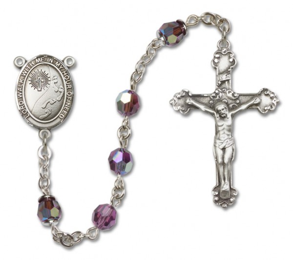 Footprints Cross Sterling Silver Heirloom Rosary Fancy Crucifix - Amethyst