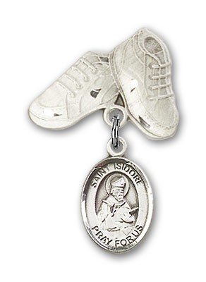 Pin Badge with St. Isidore of Seville Charm and Baby Boots Pin - Silver tone