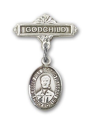 Pin Badge with Blessed Pier Giorgio Frassati Charm and Godchild Badge Pin - Silver tone