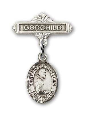 Pin Badge with St. Pio of Pietrelcina Charm and Godchild Badge Pin - Silver tone