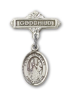 Pin Badge with St. Genevieve Charm and Godchild Badge Pin - Silver tone