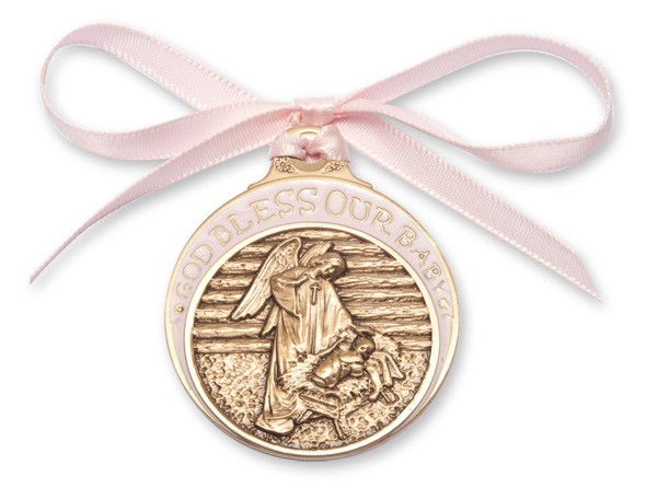 Girl's Pink Ribbon Angel in Manger Crib Medal in Brass - Pink | Gold