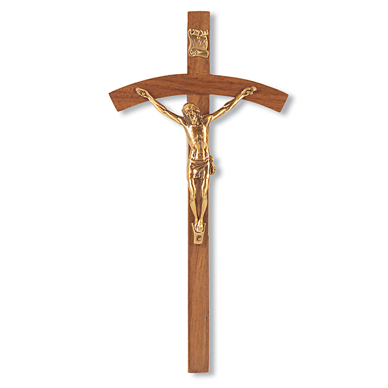 Arched Cross Walnut Wood Wall Crucifix - 8 inch - Brown