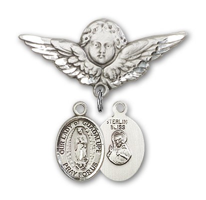 Pin Badge with Our Lady of Guadalupe Charm and Angel with Larger Wings Badge Pin - Silver tone