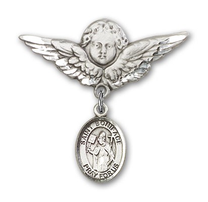 Pin Badge with St. Boniface Charm and Angel with Larger Wings Badge Pin - Silver tone