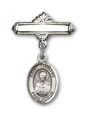 Pin Badge with St. Timothy Charm and Polished Engravable Badge Pin - Silver tone