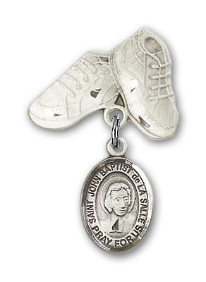 Pin Badge with St. John Baptist de la Salle Charm and Baby Boots Pin - Silver tone