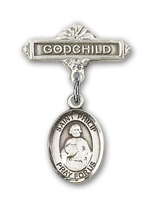 Pin Badge with St. Philip the Apostle Charm and Godchild Badge Pin - Silver tone