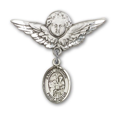 Pin Badge with St. Jerome Charm and Angel with Larger Wings Badge Pin - Silver tone