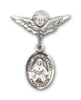 Pin Badge with St. Julie Billiart Charm and Angel with Smaller Wings Badge Pin - Silver tone