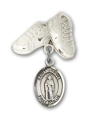 Pin Badge with St. Samuel Charm and Baby Boots Pin - Silver tone