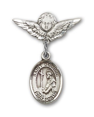 Pin Badge with St. Dominic de Guzman Charm and Angel with Smaller Wings Badge Pin - Silver tone