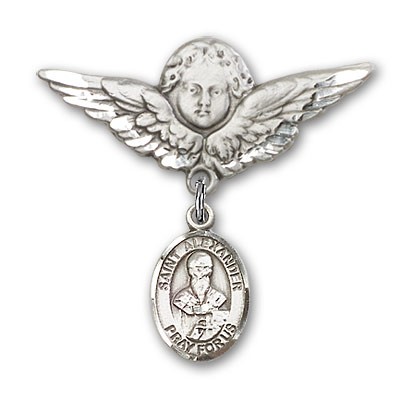 Pin Badge with St. Alexander Sauli Charm and Angel with Larger Wings Badge Pin - Silver tone