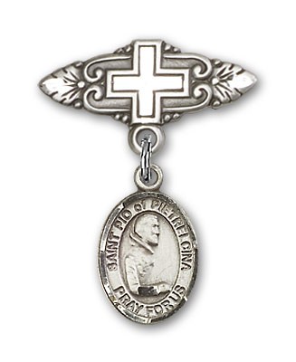 Pin Badge with St. Pio of Pietrelcina Charm and Badge Pin with Cross - Silver tone