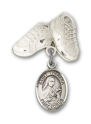 Pin Badge with St. Theresa Charm and Baby Boots Pin - Silver tone