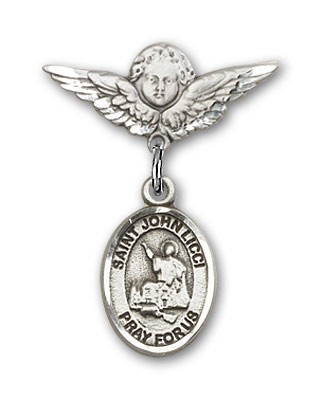 Pin Badge with St. John Licci Charm and Angel with Smaller Wings Badge Pin - Silver tone