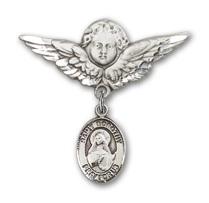 Pin Badge with St. Dorothy Charm and Angel with Larger Wings Badge Pin - Silver tone