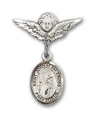 Pin Badge with St. John of the Cross Charm and Angel with Smaller Wings Badge Pin - Silver tone
