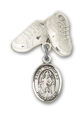 Pin Badge with St. Nicholas Charm and Baby Boots Pin - Silver tone