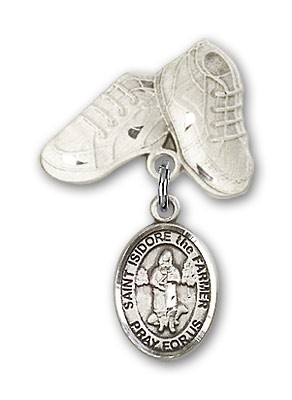 Pin Badge with St. Isidore the Farmer Charm and Baby Boots Pin - Silver tone