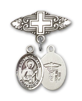 Pin Badge with St. Camillus of Lellis Charm and Badge Pin with Cross - Silver tone