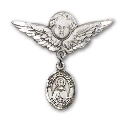Pin Badge with St. Anastasia Charm and Angel with Larger Wings Badge Pin - Silver tone