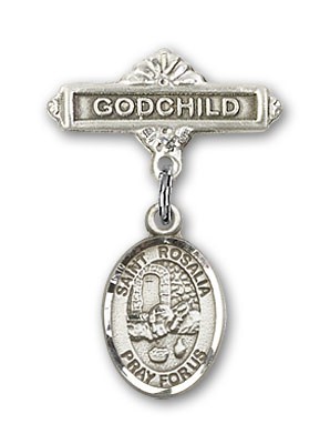 Pin Badge with St. Rosalia Charm and Godchild Badge Pin - Silver tone