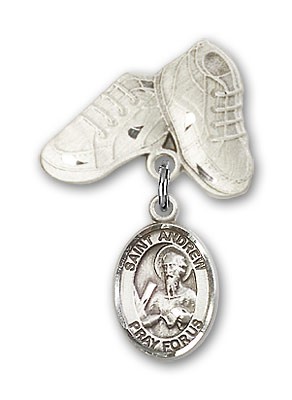 Pin Badge with St. Andrew the Apostle Charm and Baby Boots Pin - Silver tone