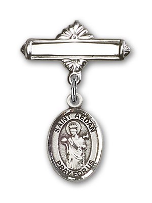 Pin Badge with St. Aedan of Ferns Charm and Polished Engravable Badge Pin - Silver tone