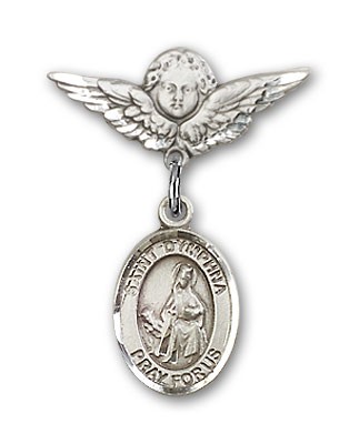 Pin Badge with St. Dymphna Charm and Angel with Smaller Wings Badge Pin - Silver tone