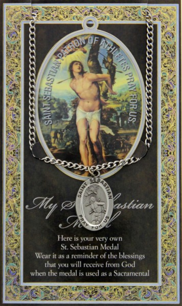 St. Sebastian Medal in Pewter with Bi-Fold Prayer Card - Silver tone