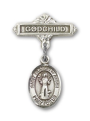 Pin Badge with St. Francis of Assisi Charm and Godchild Badge Pin - Silver tone