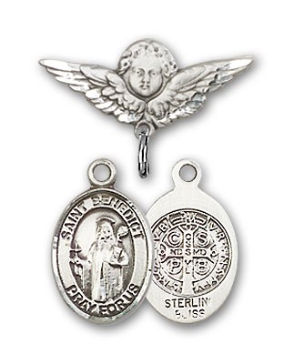 Pin Badge with St. Benedict Charm and Angel with Smaller Wings Badge Pin - Silver tone